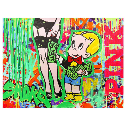 Nastya Rovenskaya- Mixed Media on Canvas "Golden Teddy Rises"