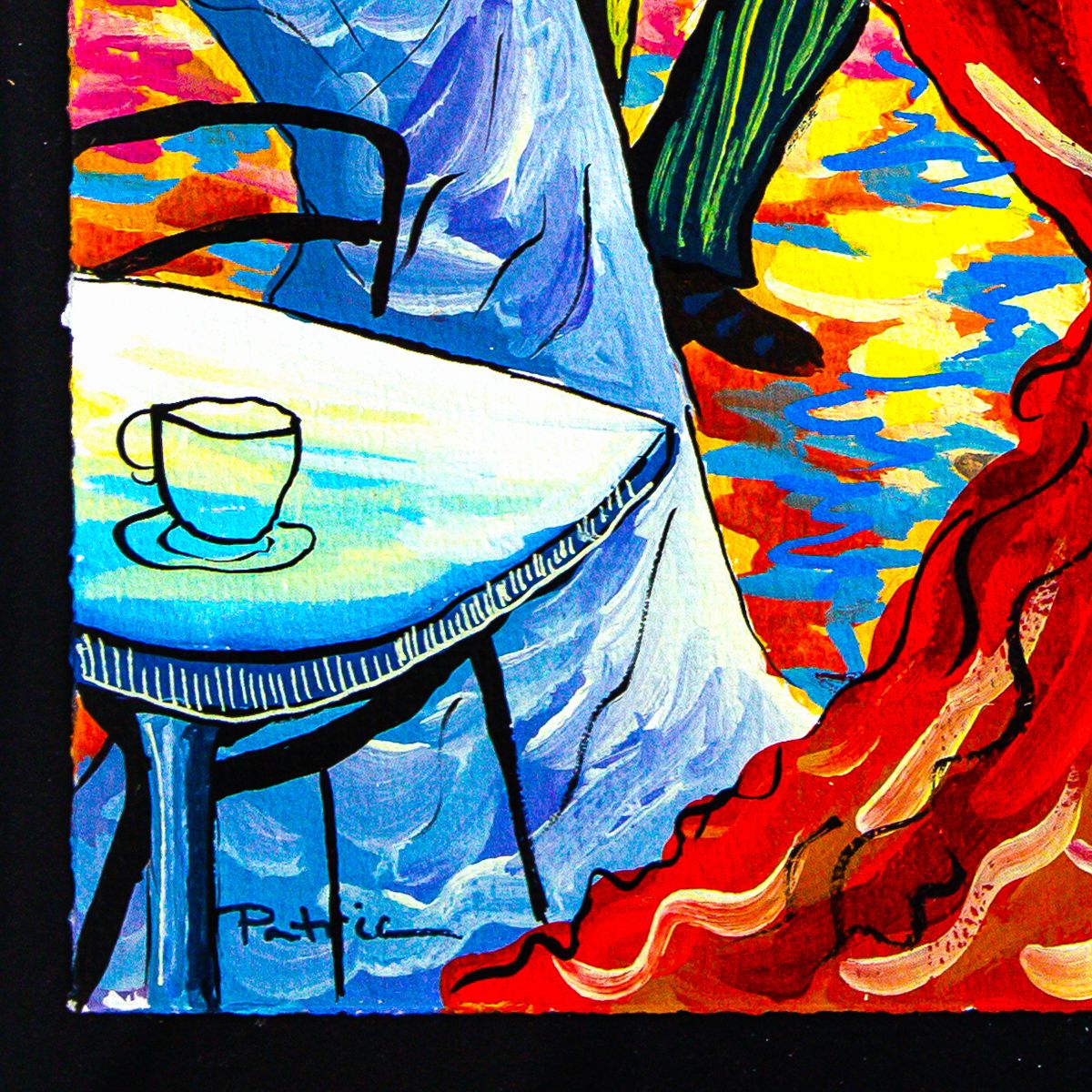 Patricia Govezensky- Original Watercolors with Hand Painted Frame "Cafe Society Gathering"