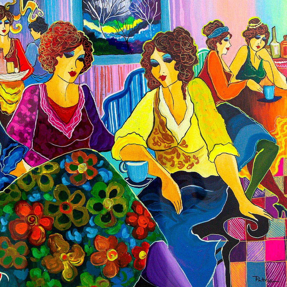 Patricia Govezensky- Original Watercolor with Hand Painted Frame "Paris in Conversation"