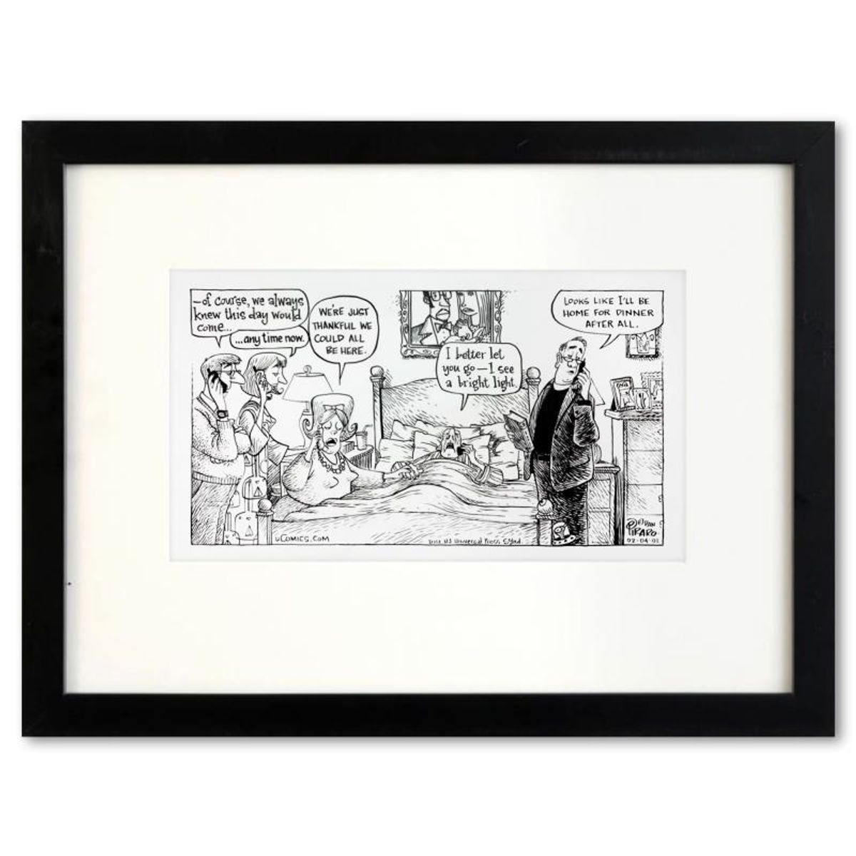 Bizarro, "Deathbed" is a Framed Original Pen & Ink Drawing by Dan Piraro, Hand Signed with Letter of Authenticity.
