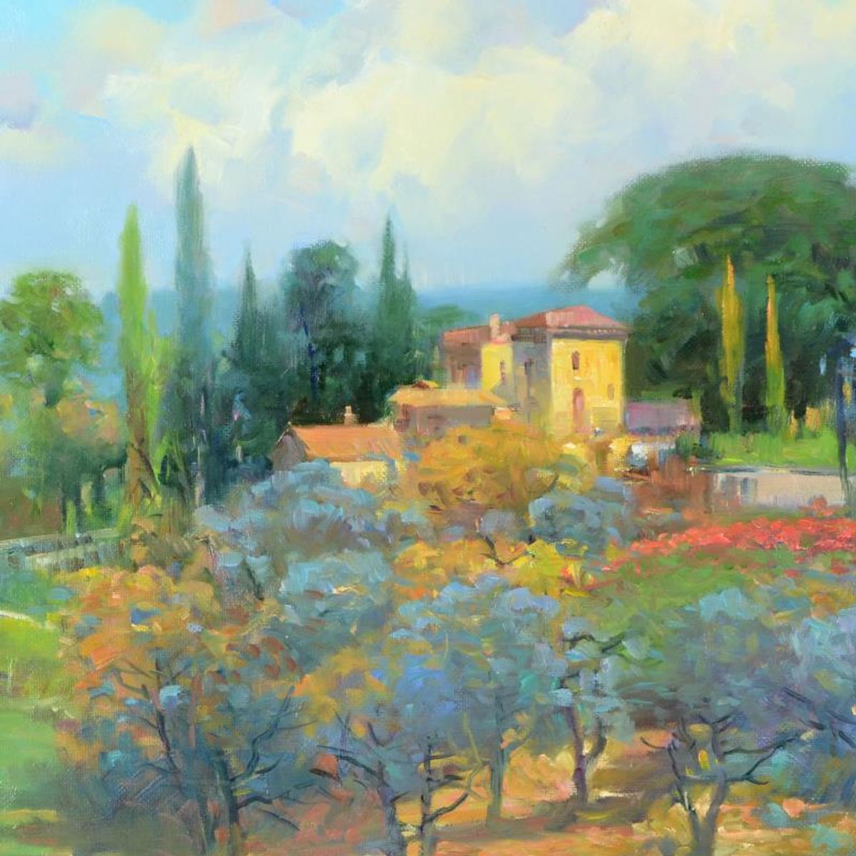 Ming Feng, "The Olive Grove" Original Oil Painting on Canvas, Hand Signed with Letter of Authenticity.