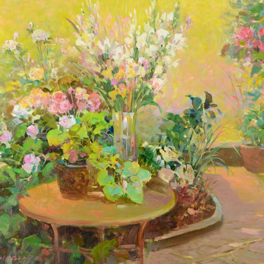 Ming Feng, "Cobblestone Walkway" Original Oil Painting on Canvas, Hand Signed with Letter of Authenticity.