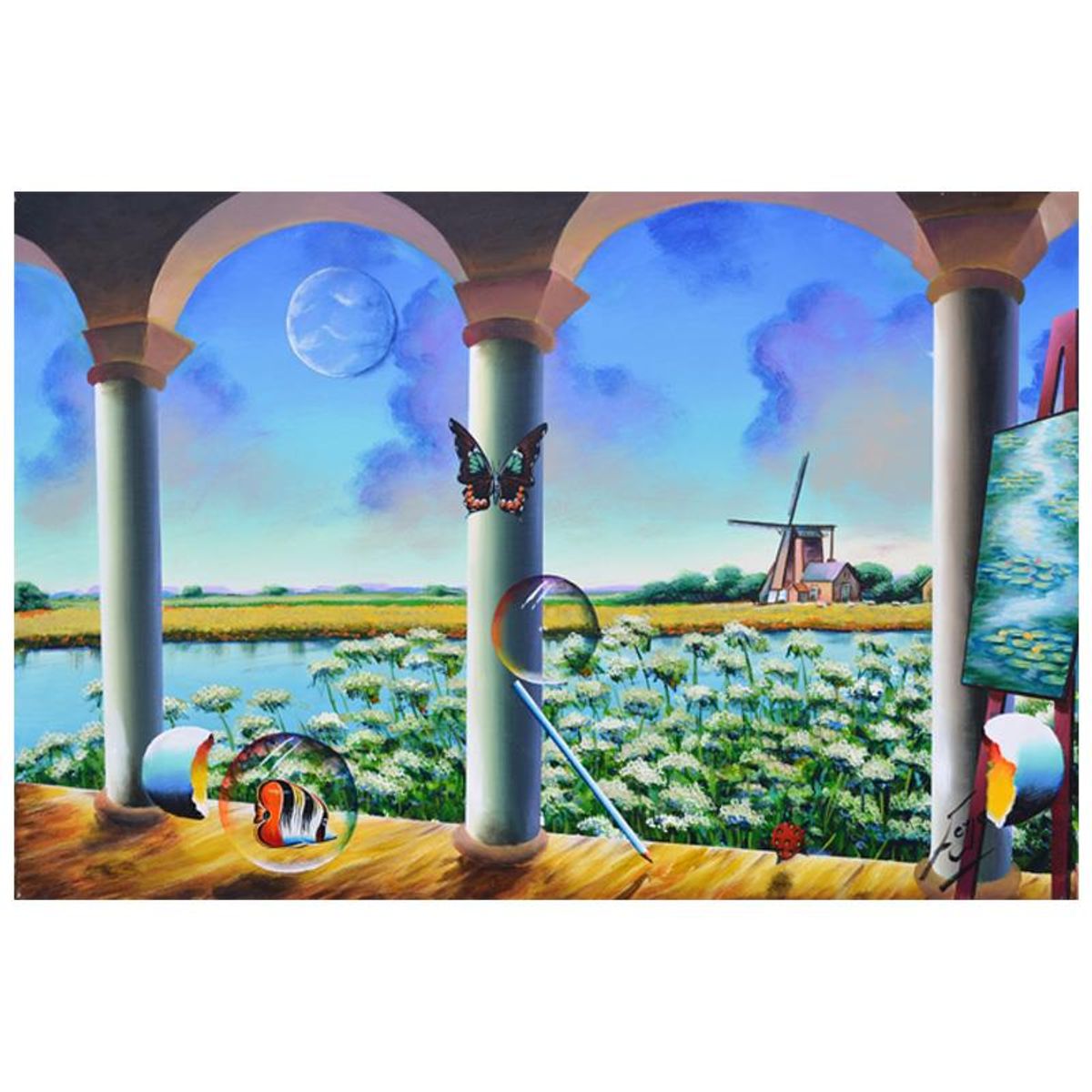 Ferjo, "A View in Holland" Original Painting on Canvas, Hand Signed with Letter of Authenticity.