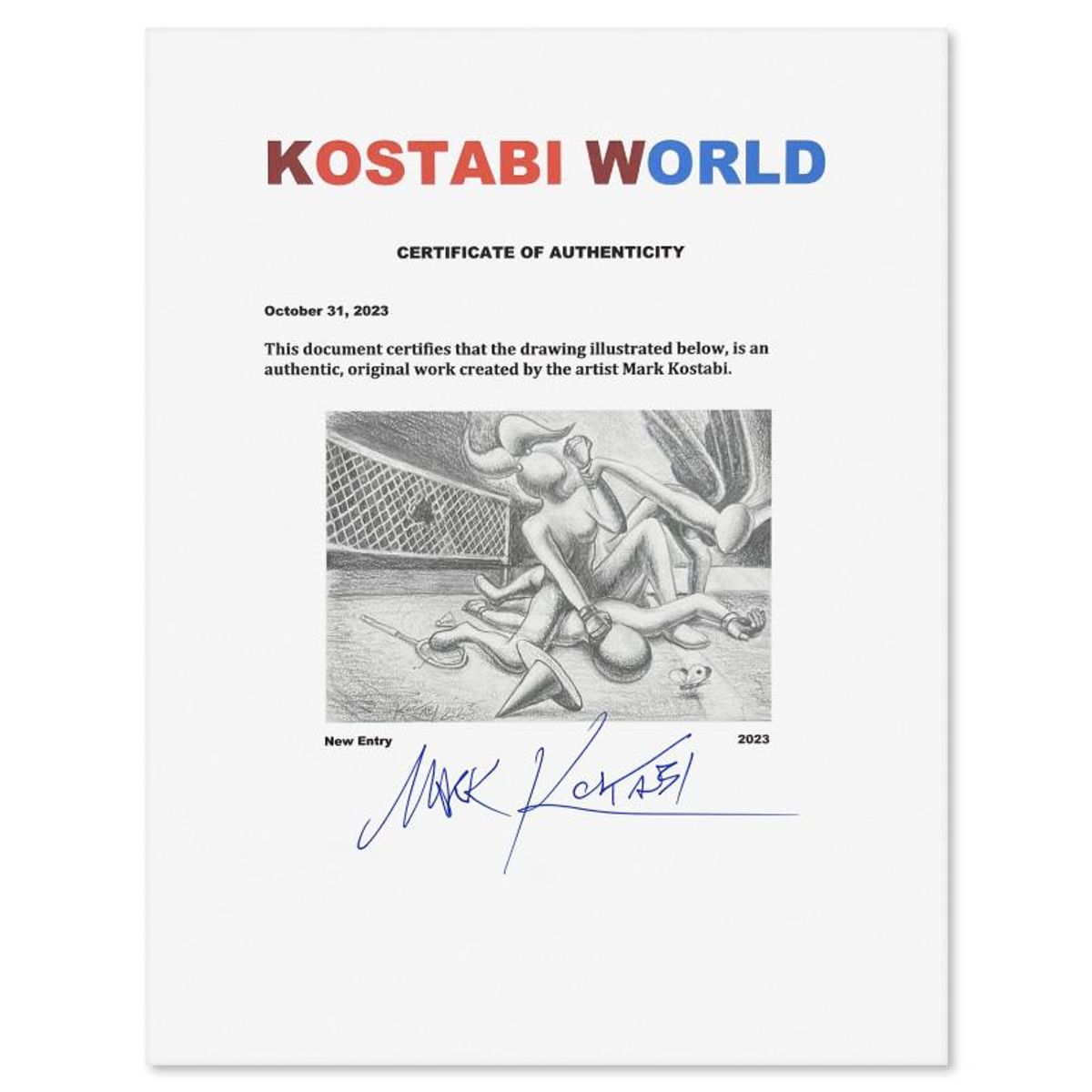Mark Kostabi, "New Entry" Framed Original Drawing on Paper, Hand Signed with Certificate of Authenticity.