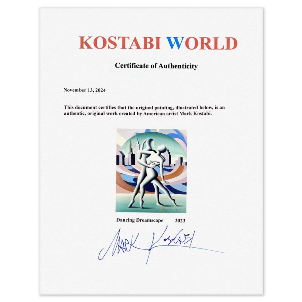Mark Kostabi, "Dancing Dreamscape" Framed Original Oil Painting on Canvas, Hand Signed with Letter of Authenticity.