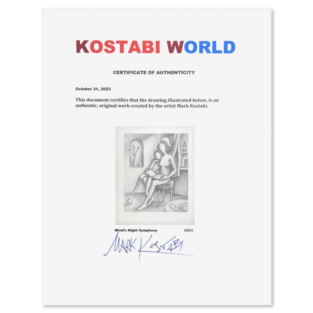 Mark Kostabi, "Wind's Night Symphony" Framed Original Drawing on Paper, Hand Signed with Certificate of Authenticity.