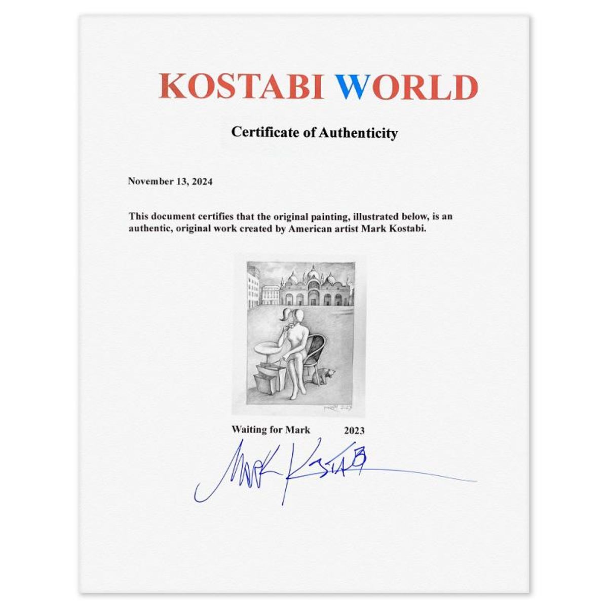 Mark Kostabi, "Waiting for Mark" Framed Original Drawing on Paper, Hand Signed with Certificate of Authenticity