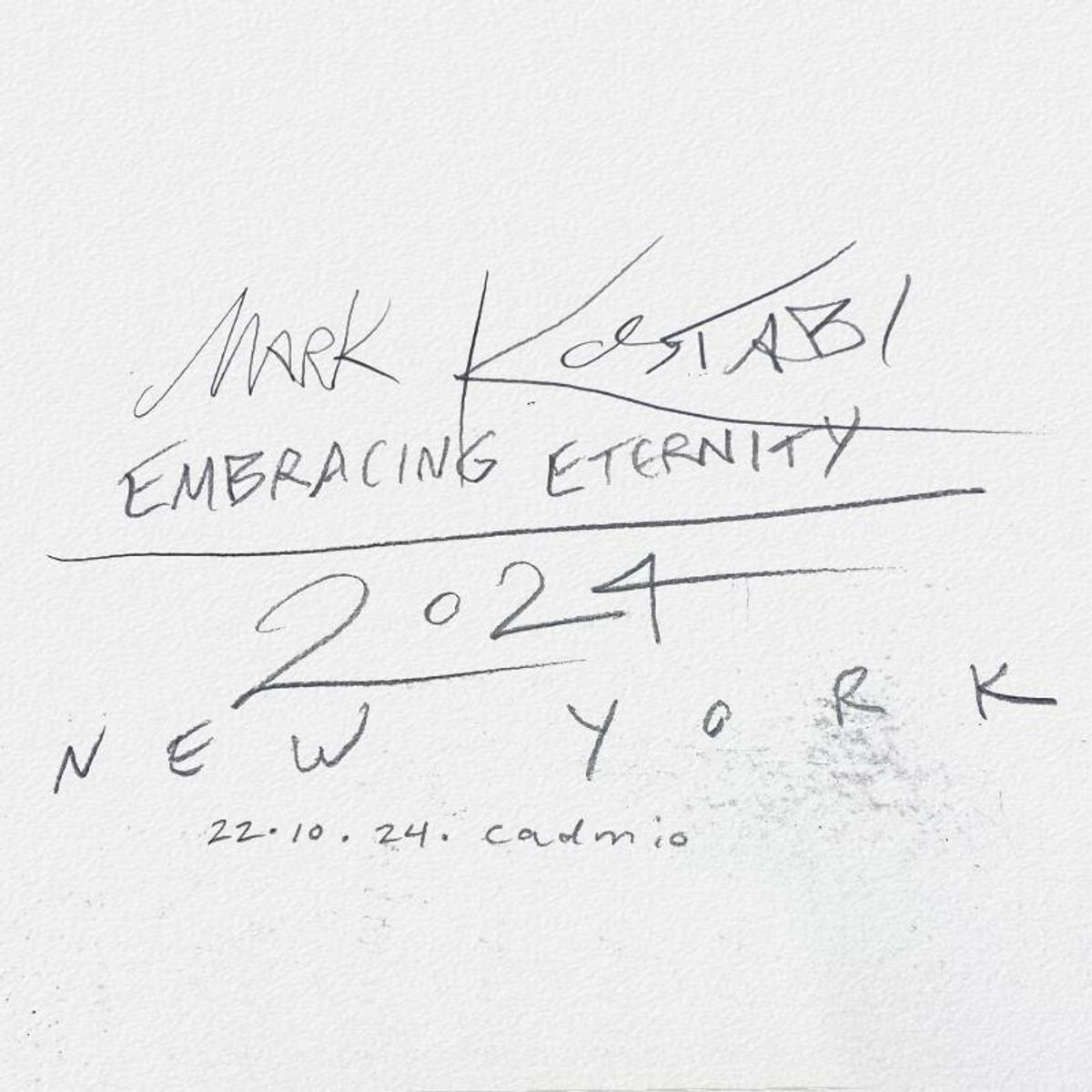 Mark Kostabi, "Embracing Eternity" Framed Original Mixed Media Painting, Hand Signed with Certificate of Authenticity.