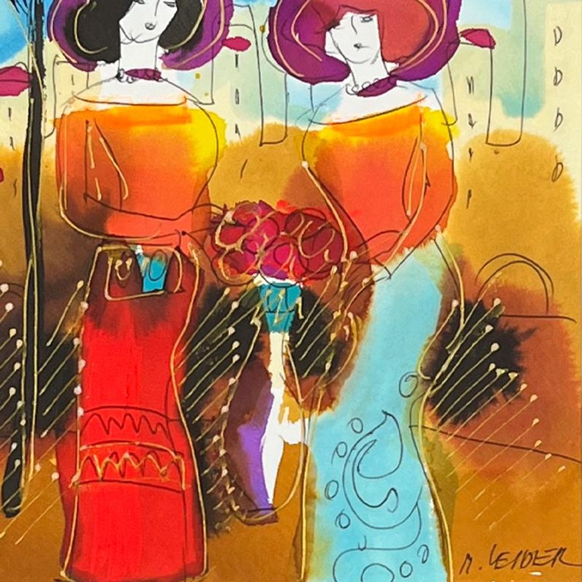 Moshe Leider, Framed Original Mixed Media Watercolor Painting, Hand Signed with Letter of Authenticity.