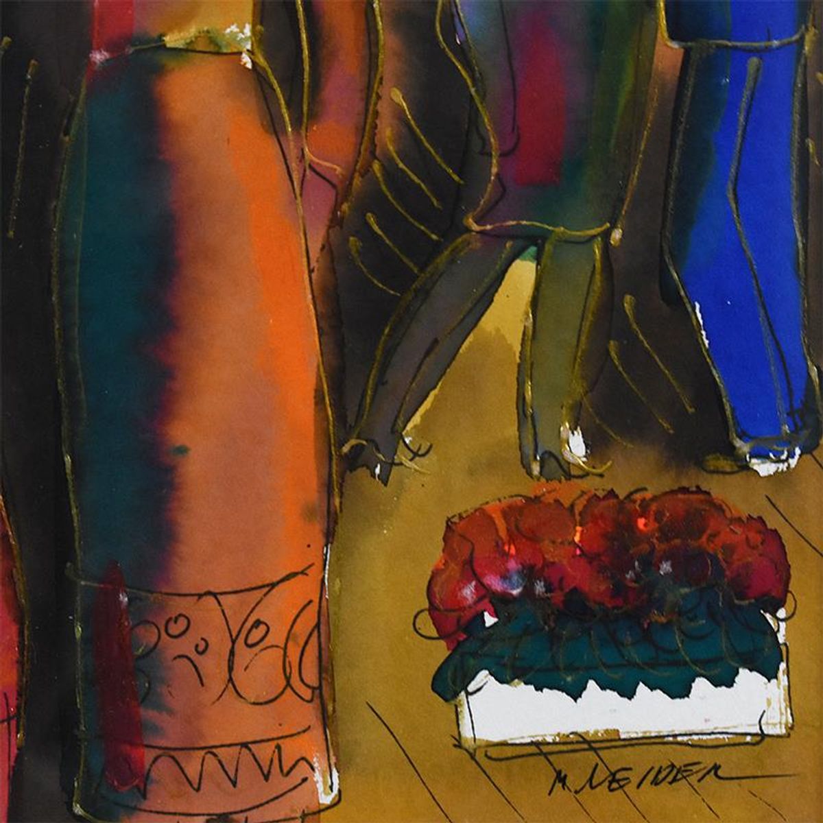 Moshe Leider, Framed Original Mixed Media Watercolor Painting, Hand Signed with Letter of Authenticity.