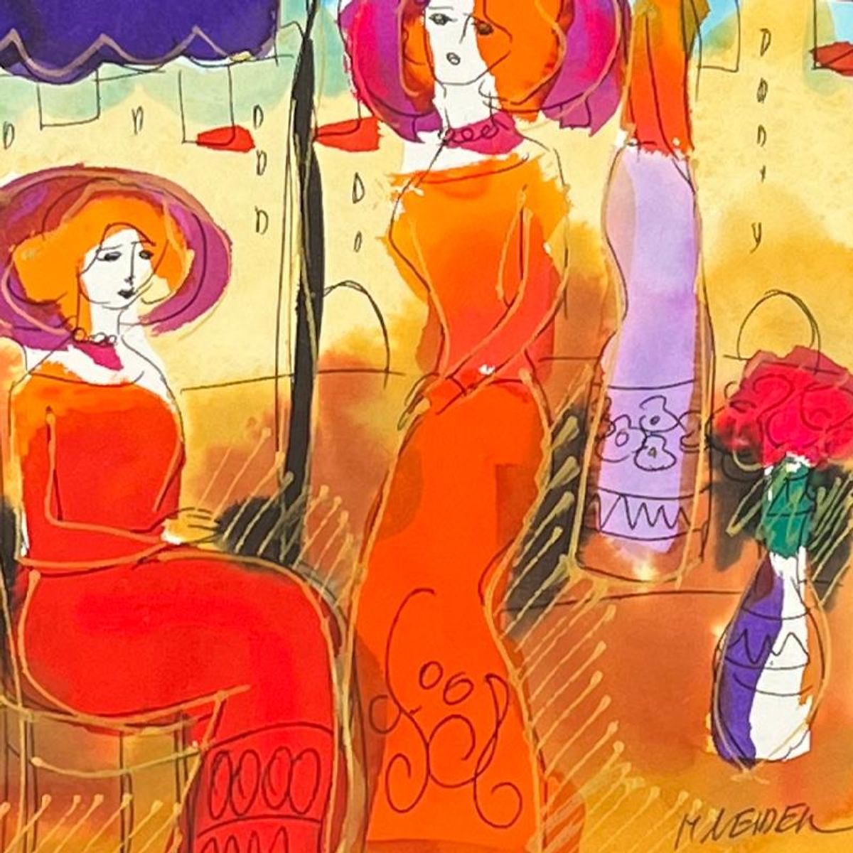 Moshe Leider, Framed Original Mixed Media Watercolor Painting, Hand Signed with Letter of Authenticity.