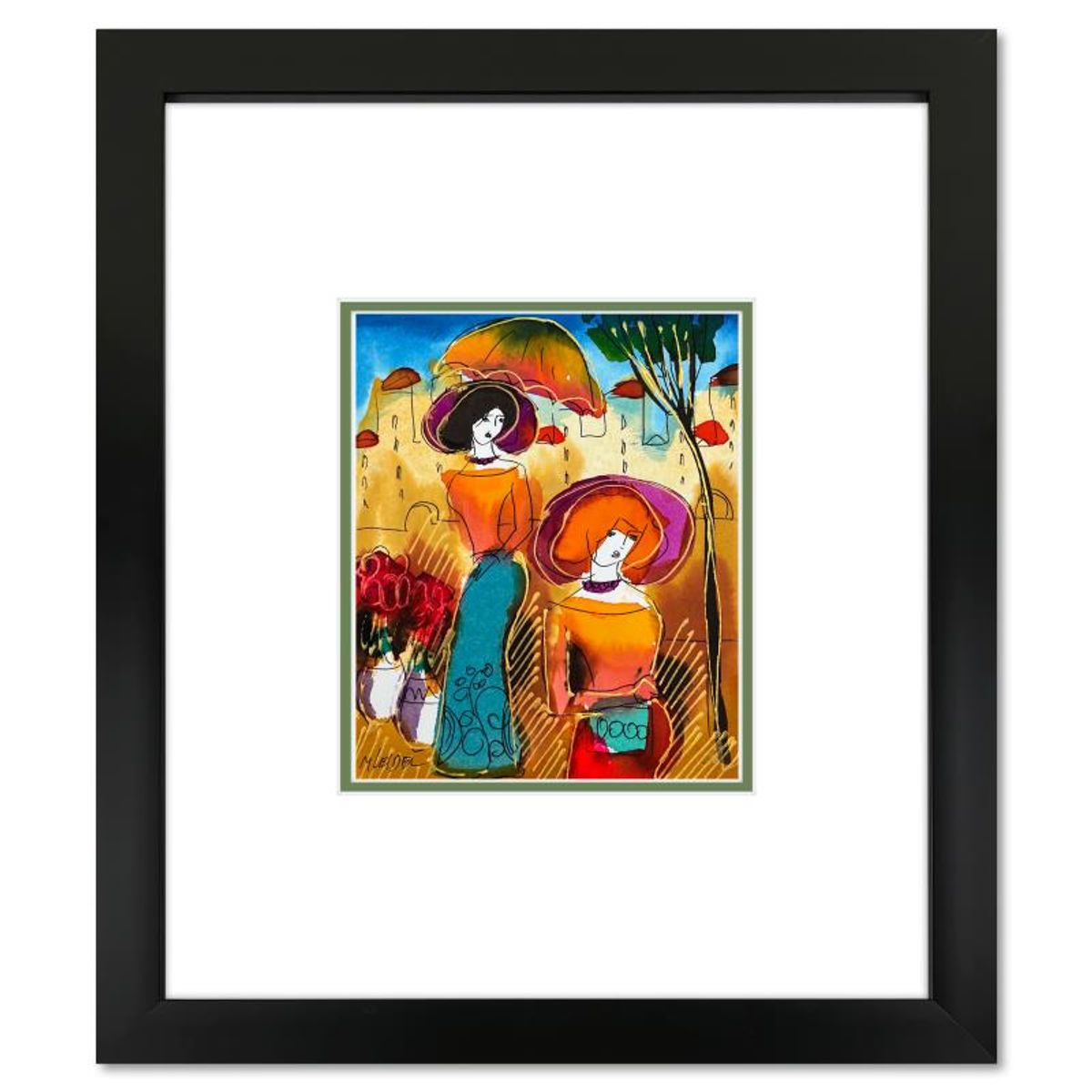 Moshe Leider, Framed Original Mixed Media Watercolor Painting, Hand Signed with Letter of Authenticity.