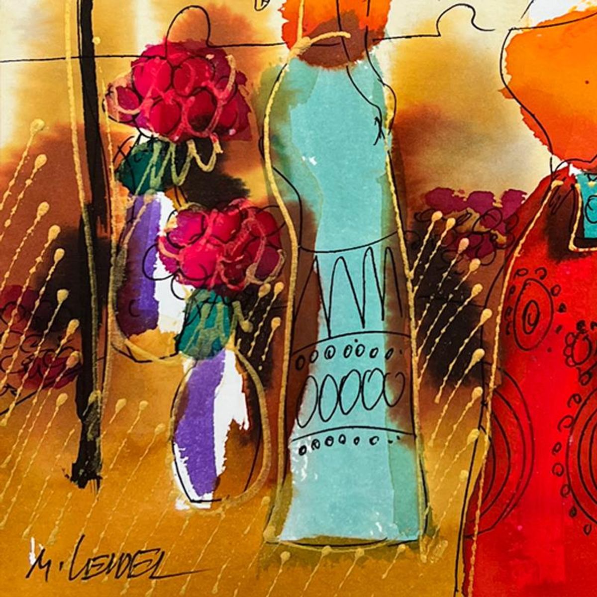 Moshe Leider, Framed Original Mixed Media Watercolor Painting, Hand Signed with Letter of Authenticity.