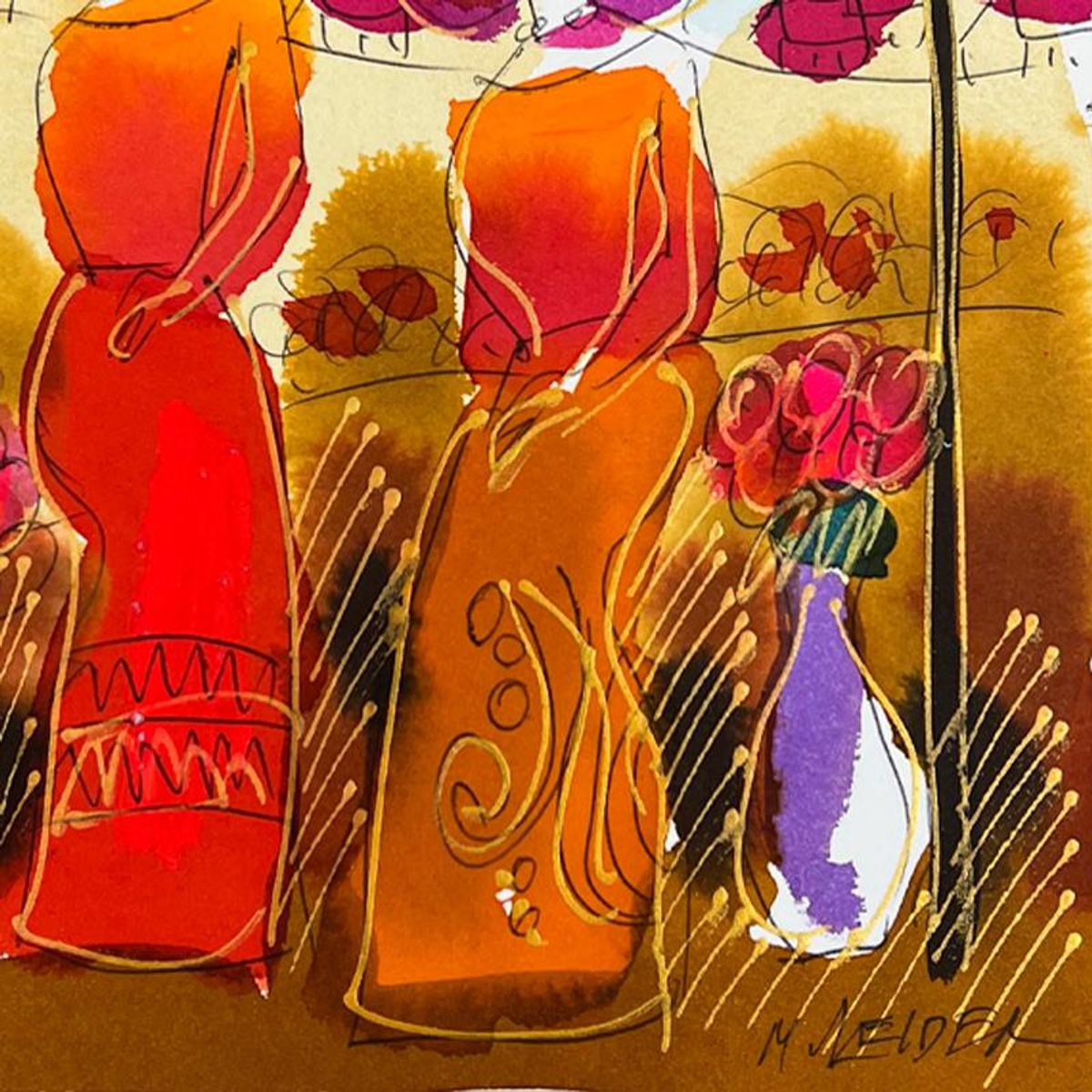 Moshe Leider, Framed Original Mixed Media Watercolor Painting, Hand Signed with Letter of Authenticity.