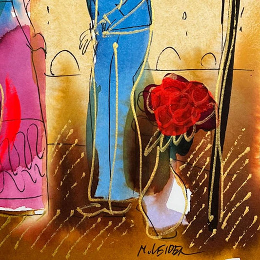 Moshe Leider, Framed Original Mixed Media Watercolor Painting, Hand Signed with Letter of Authenticity.