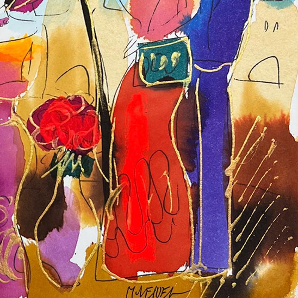 Moshe Leider, Framed Original Mixed Media Watercolor Painting, Hand Signed with Letter of Authenticity.