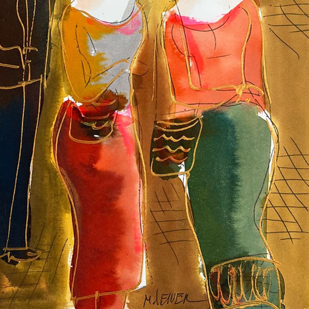 Moshe Leider, Framed Original Mixed Media Watercolor Painting, Hand Signed with Letter of Authenticity.