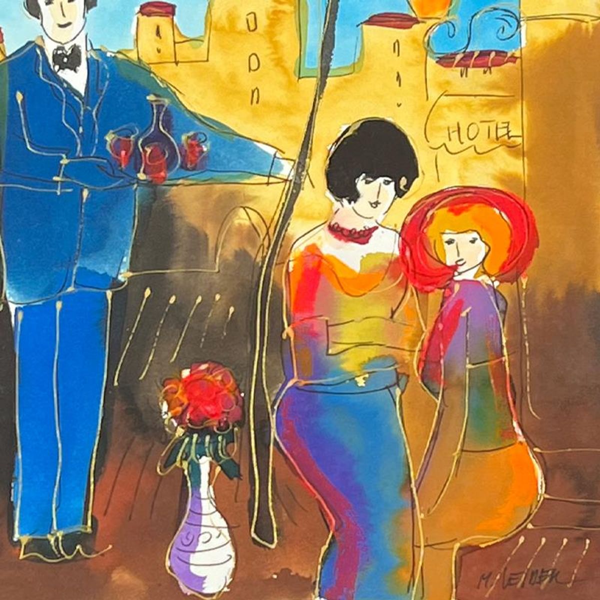 Moshe Leider, Framed Original Mixed Media Watercolor Painting, Hand Signed with Letter of Authenticity.