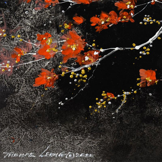 Thomas Leung, "Grisaille Blossoms" Framed Original Acrylic Painting on Canvas Board, Hand Signed with Letter of Authenticity.