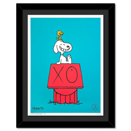 Mr. Andre (Andre Saraiva), "Snoopy & Woodstock on Red House (Blue)" Framed Limited Edition Silkscreen, Numbered and Hand Signed with Certificate of Authenticity.