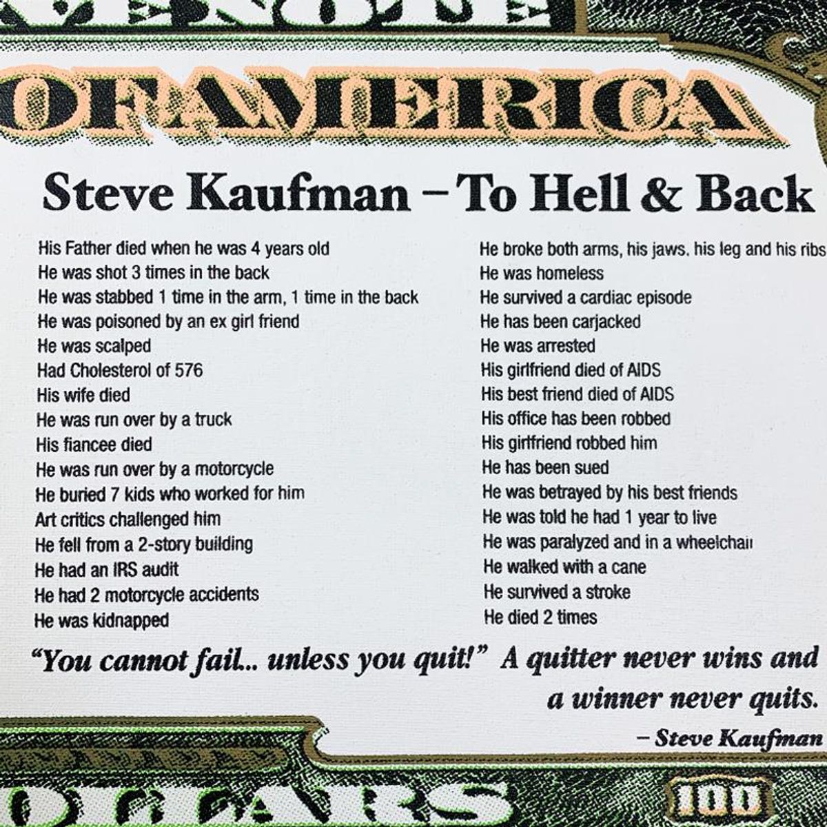 Steve Kaufman (1960-2010) "To Hell and Back ($100)" Hand Signed Limited Edition Hand Pulled silkscreen Mixed Media on Canvas with LOA.