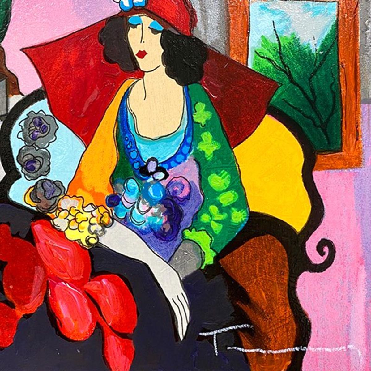 Itzchak Tarkay (1935-2012), "Red Hat" One-of-a-Kind Mixed Media Over Paint on Wood, Hand Signed with Letter of Authenticity