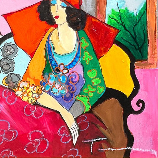 Itzchak Tarkay (1935-2012), "Red Hat" Framed One-of-a-Kind Mixed Media Over Paint on Wood, Hand Signed with Letter of Authenticity