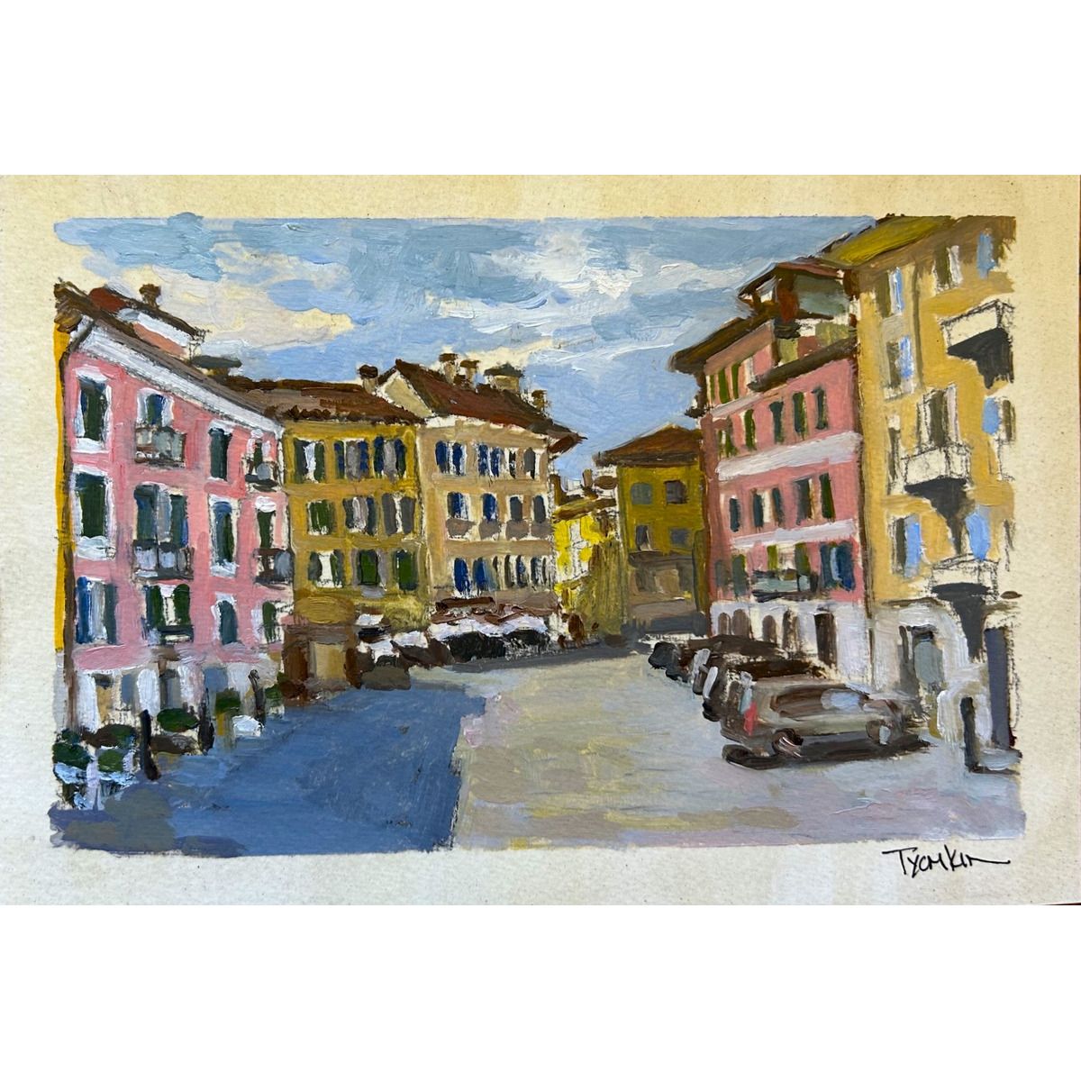 Boris Tyomkin- Original Oil on Shellacked paper "Ovada, Italy"