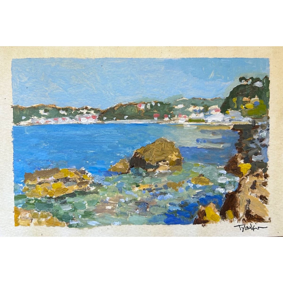 Boris Tyomkin- Original Oil on Shellacked paper "Lerici, Cinque Terre, Italy"