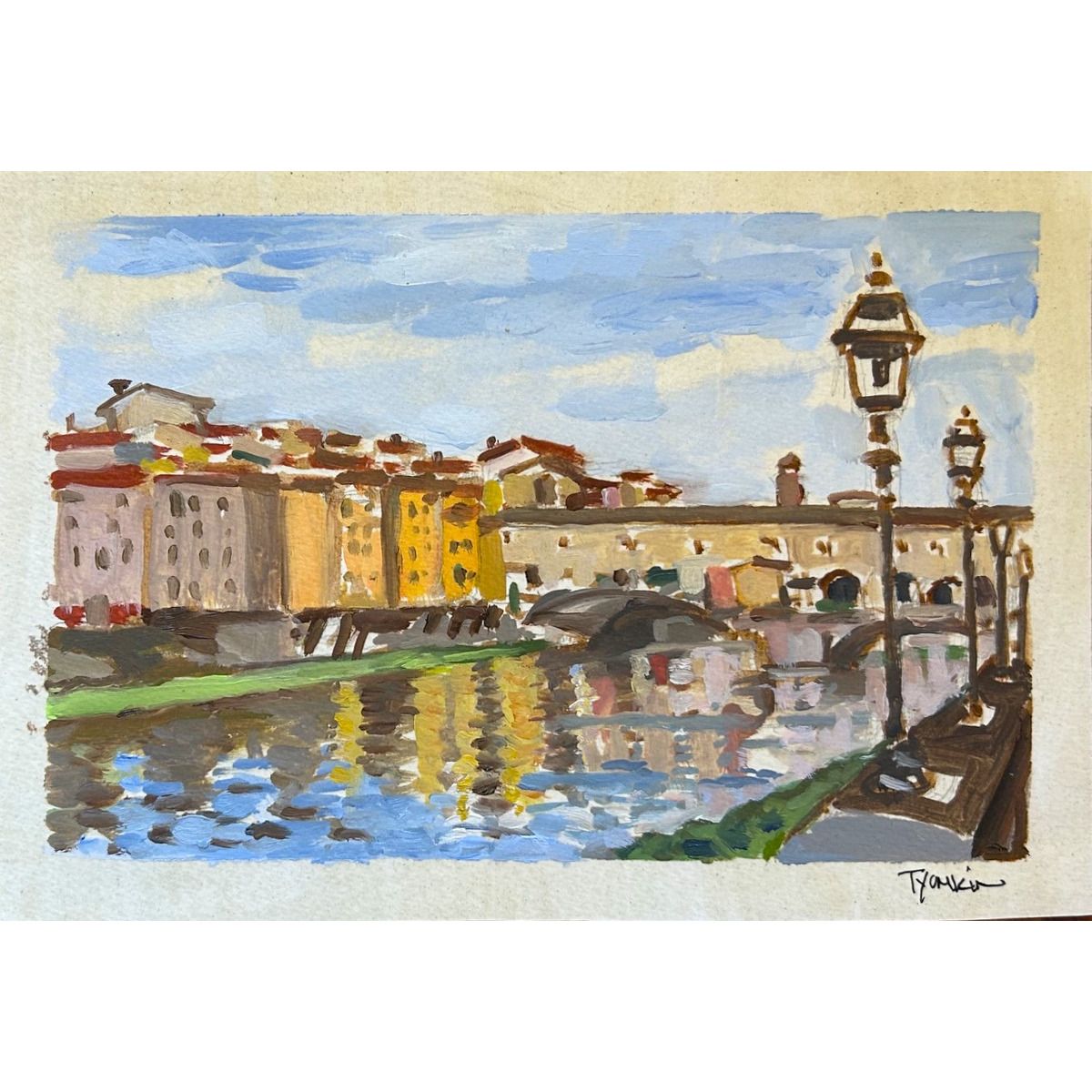 Boris Tyomkin- Original Oil on Shellacked paper "Ponte Vecchio, Florence"