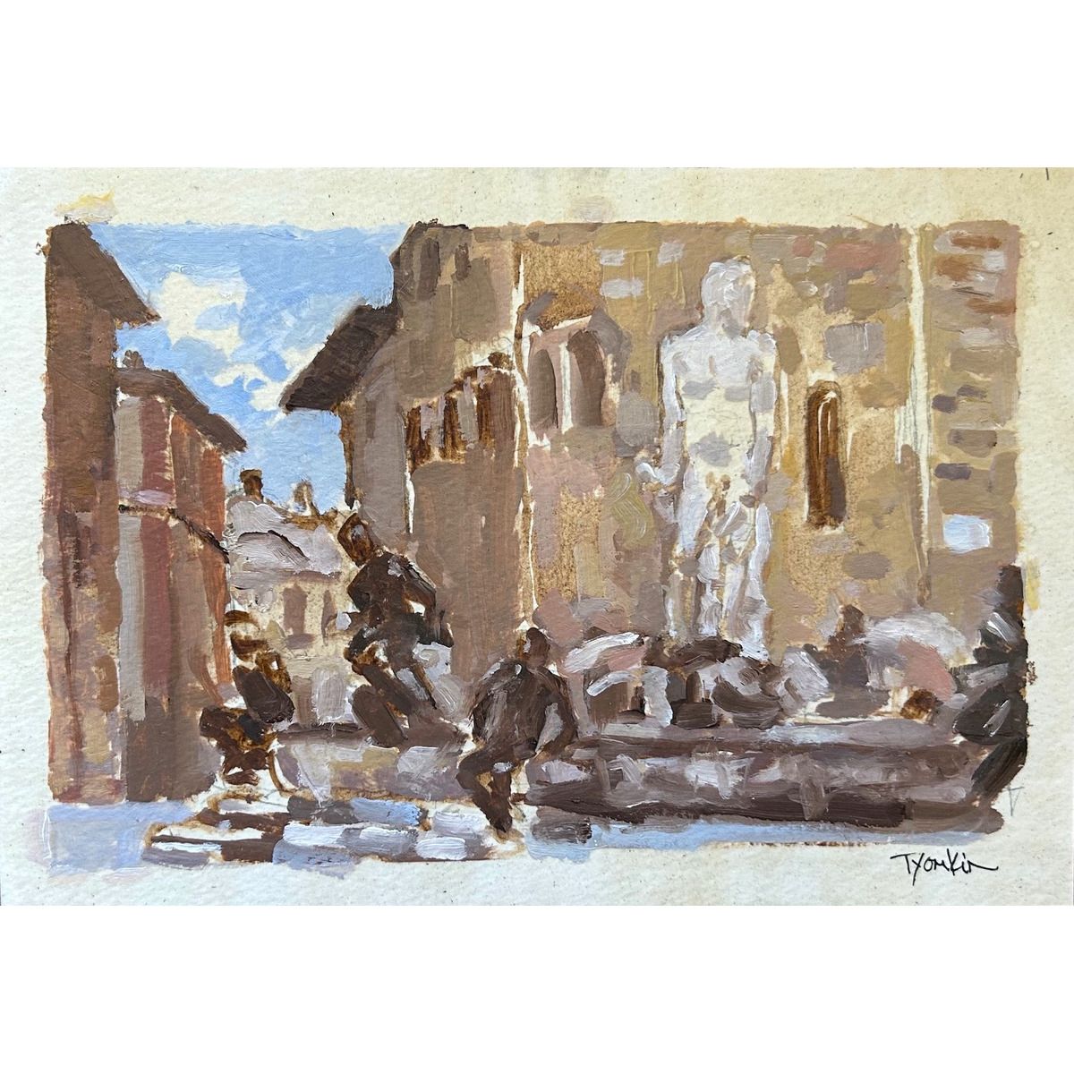 Boris Tyomkin- Original Oil on Shellacked paper "Fountain of Neptune, Piazza della Signoria, Florence"