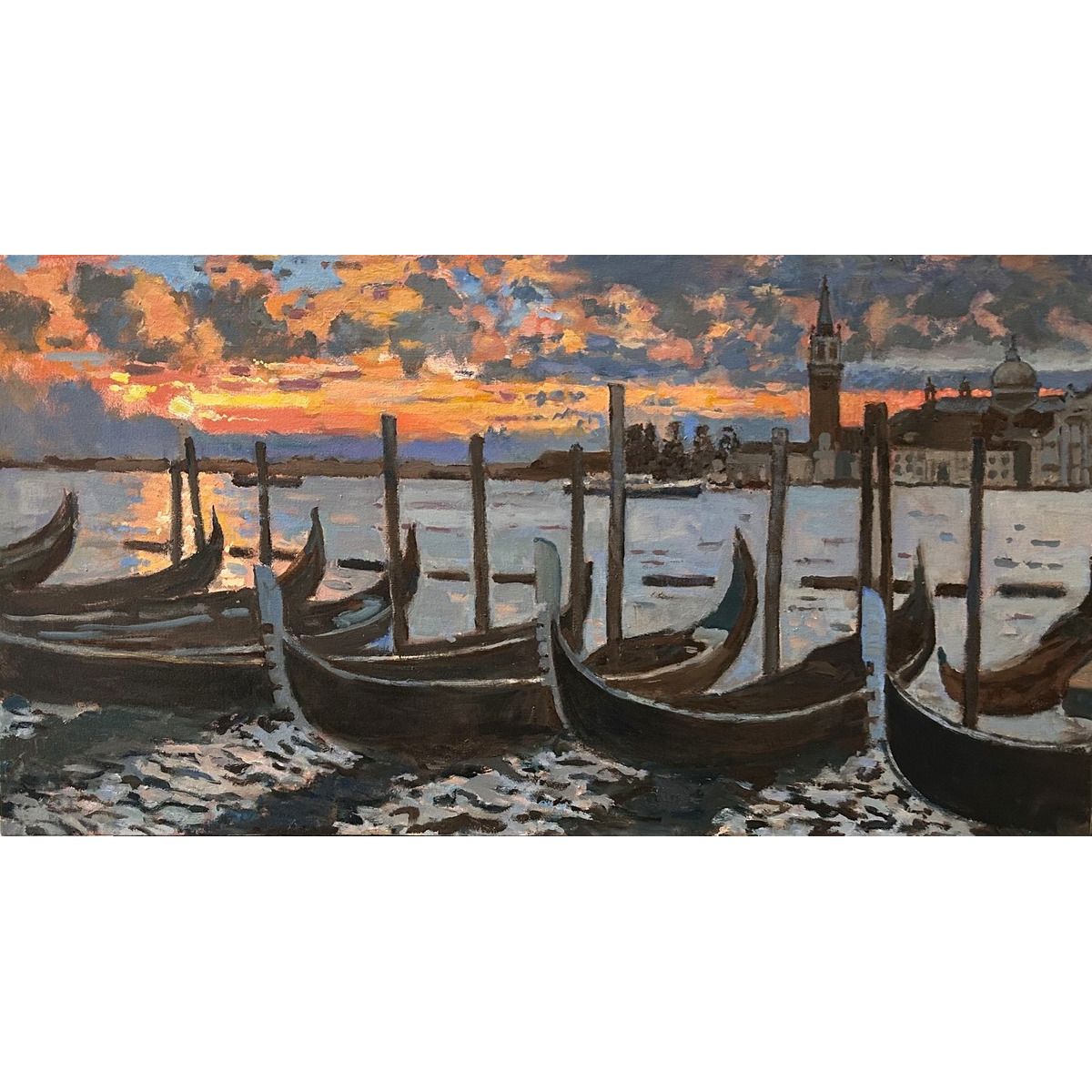 Boris Tyomkin- Original Oil on Shellacked paper "Venice Sunrise"