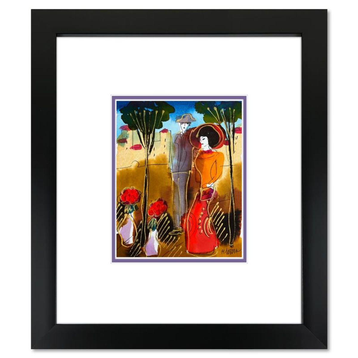 Moshe Leider, Framed Original Mixed Media Watercolor Painting, Hand Signed with Letter of Authenticity.