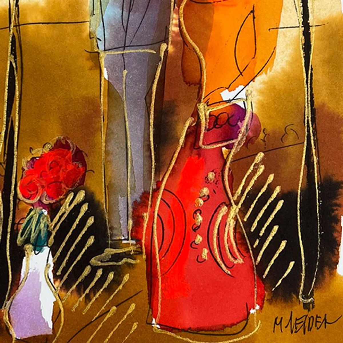 Moshe Leider, Framed Original Mixed Media Watercolor Painting, Hand Signed with Letter of Authenticity.