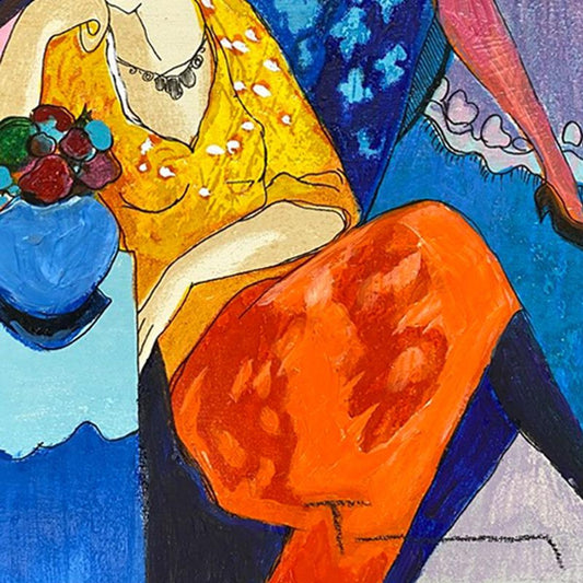 Itzchak Tarkay (1935-2012), "Quiet Afternoon" One-of-a-Kind Mixed Media Over Paint on Wood, Hand Signed with Letter of Authenticity