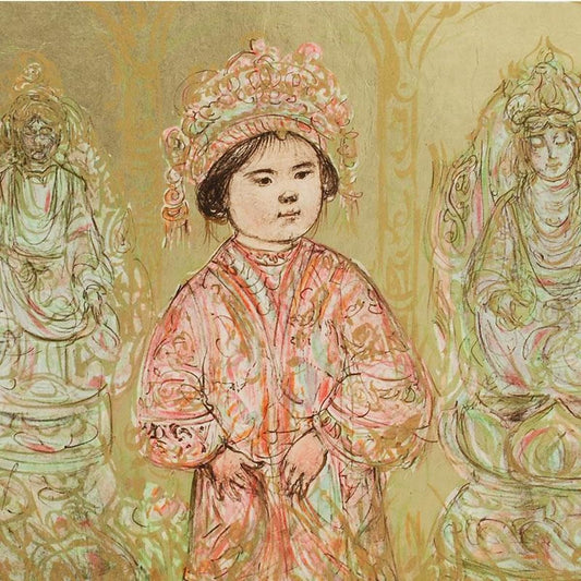 Willie and Two Quan Yins Limited Edition Lithograph by Edna Hibel, Numbered and Hand Signed with Certificate of Authenticity.