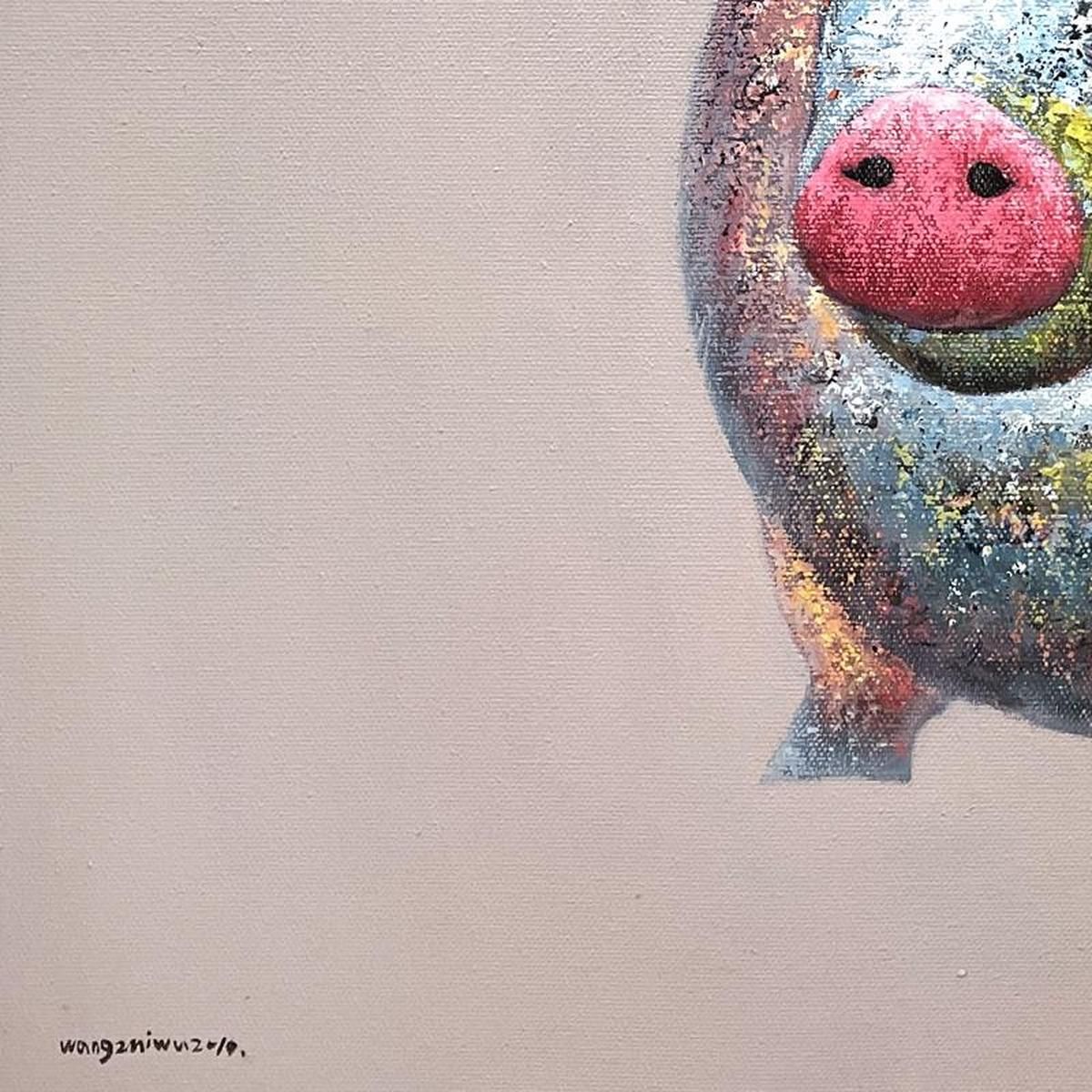 Wang, "Piggy Back" Original Mixed Media Painting on Gallery Wrapped Canvas (59" x 43"), Hand Signed with Letter of Authenticity.