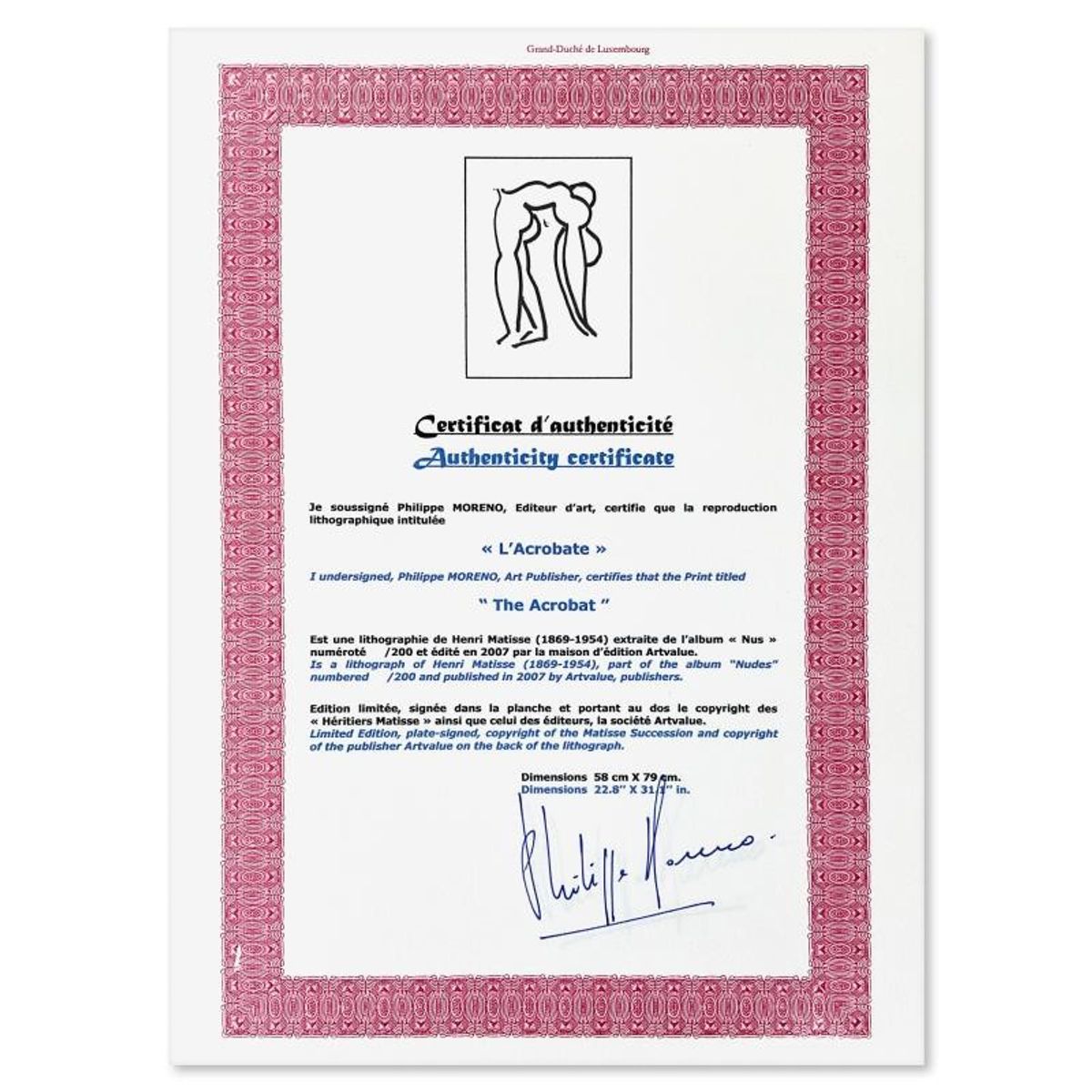 Henri Matisse 1869-1954 (After), "L'Acrobate" Limited Edition Lithograph with Certificate of Authenticity.
