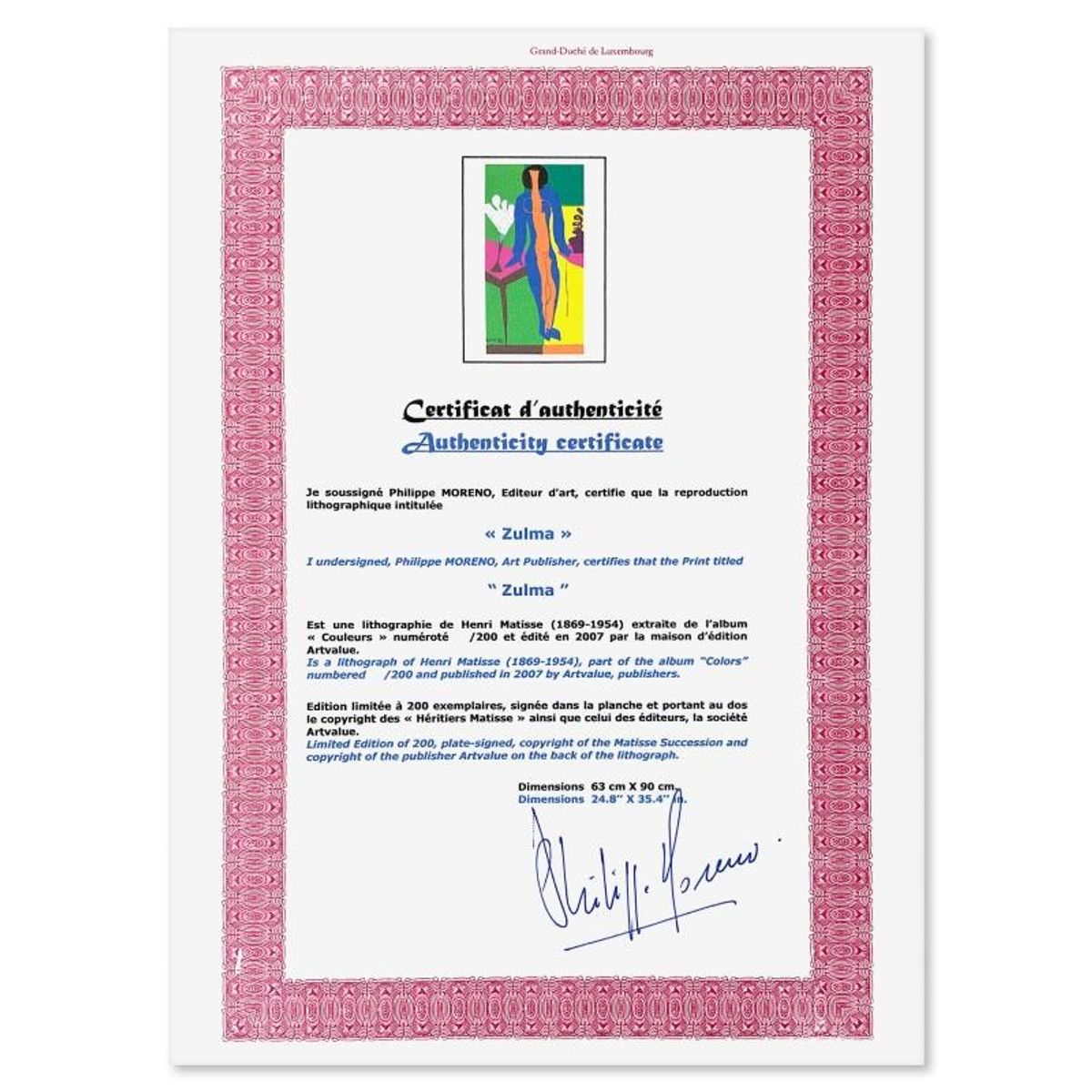 Henri Matisse 1869-1954 (After), "Zulma" Limited Edition Lithograph with Certificate of Authenticity.