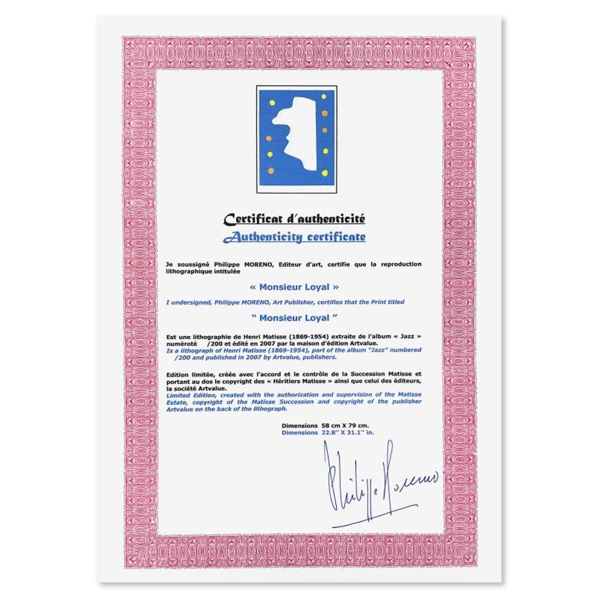 Henri Matisse 1869-1954 (After), "Monsieur Loyal" Limited Edition Lithograph with Certificate of Authenticity.