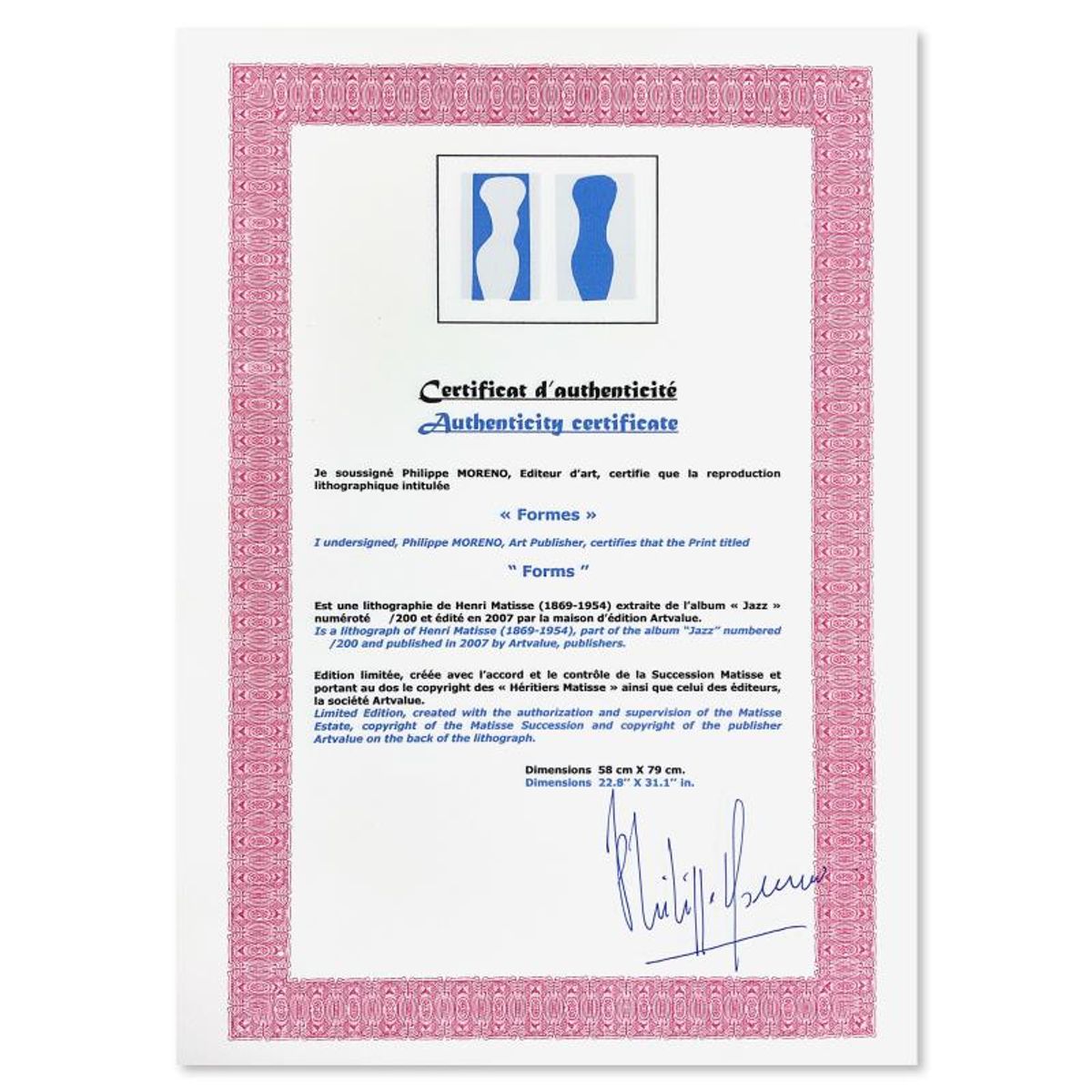 Henri Matisse 1869-1954 (After), "Formes (Forms)" Limited Edition Lithograph with Certificate of Authenticity.