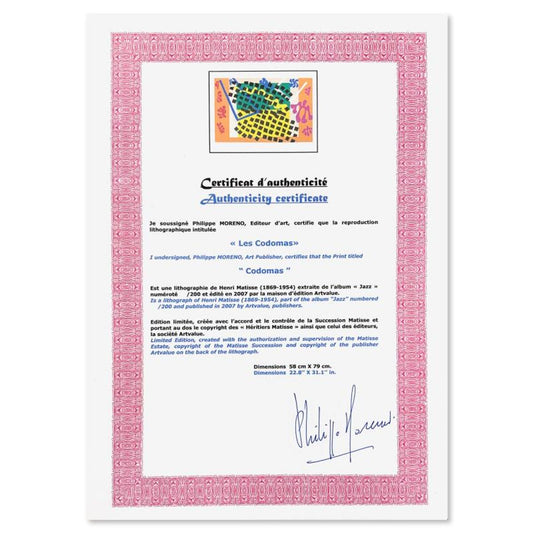 Henri Matisse 1869-1954 (After), "Les Codomas" Limited Edition Lithograph with Certificate of Authenticity.