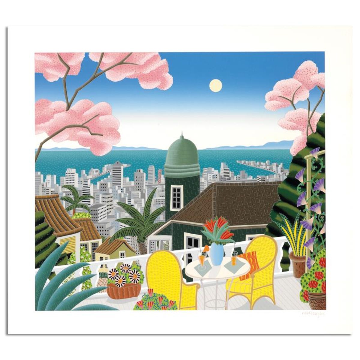 Thomas Mcknight, "Cherry Blossom Terrace" Limited Edition Serigraph, Numbered and Hand Signed with Letter of Authenticity.
