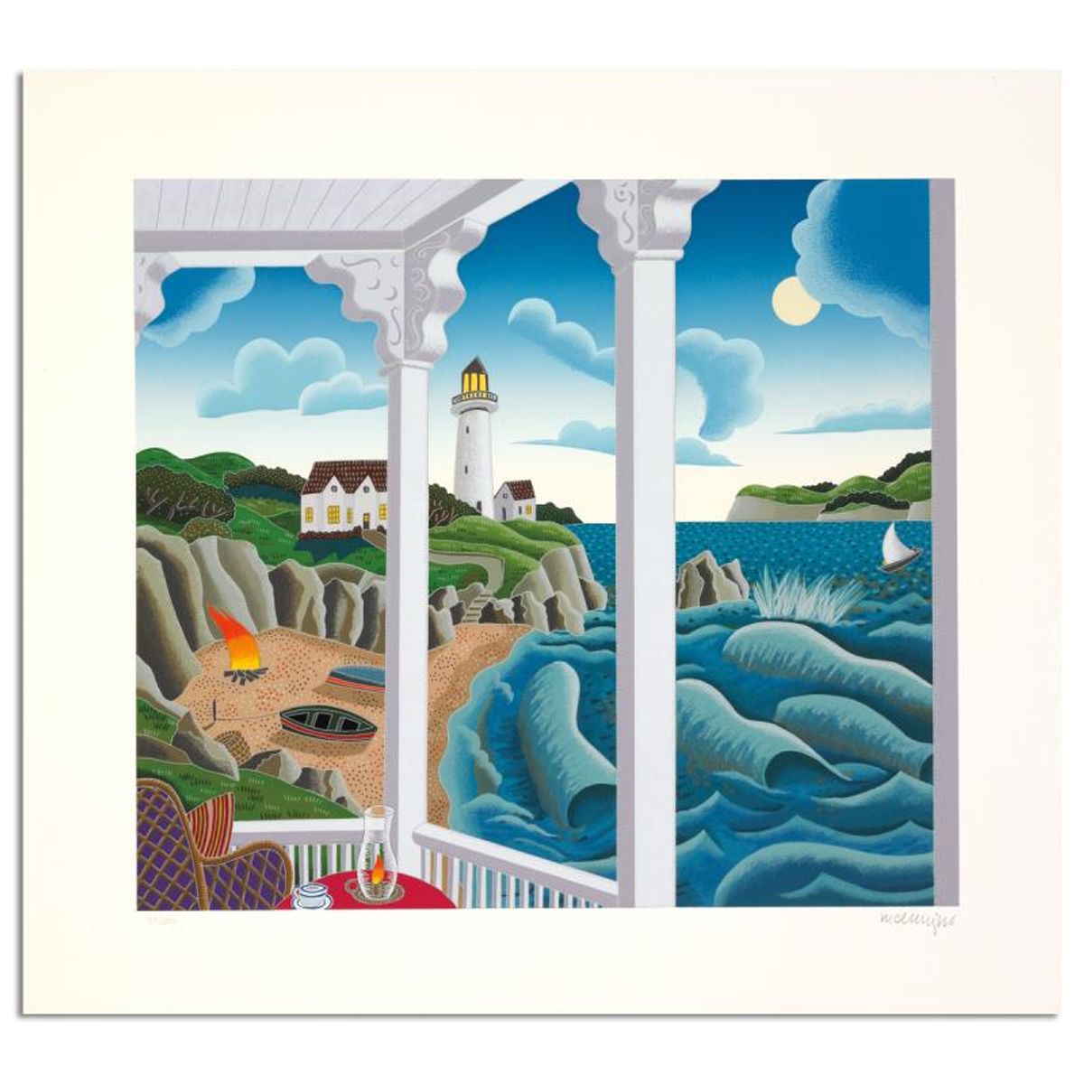 Thomas Mcknight, "Lighthouse Point (New England)" Limited Edition Serigraph, Numbered and Hand Signed with Letter of Authenticity.