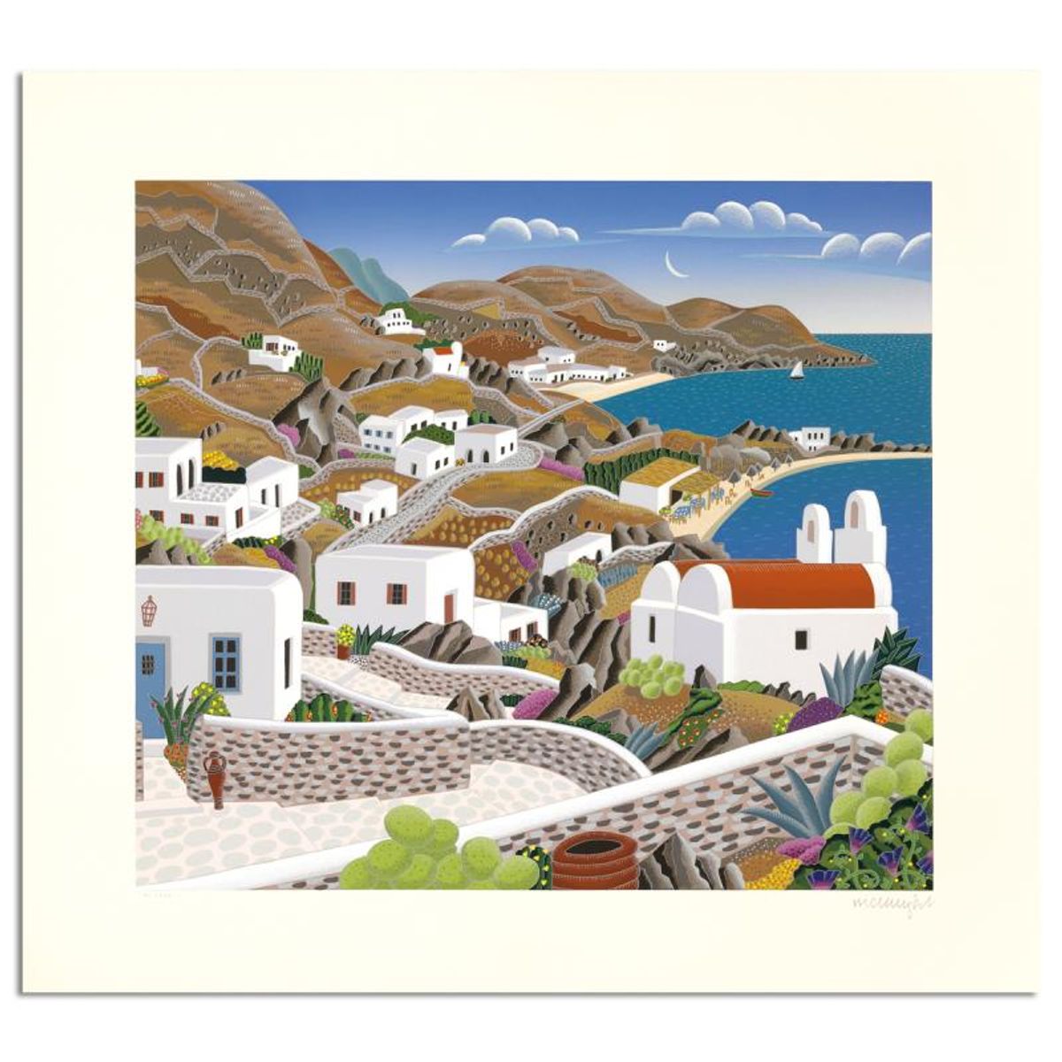 Thomas Mcknight, "Mykonos Platys Gialos" Limited Edition Serigraph, Numbered and Hand Signed with Letter of Authenticity.