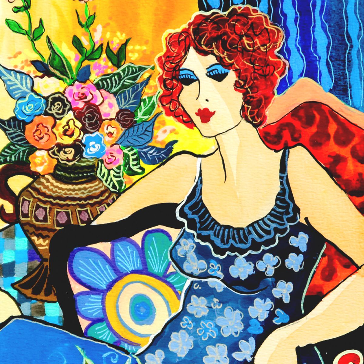 Patricia Govezensky- Original Watercolor "Afternoon with Flowers"