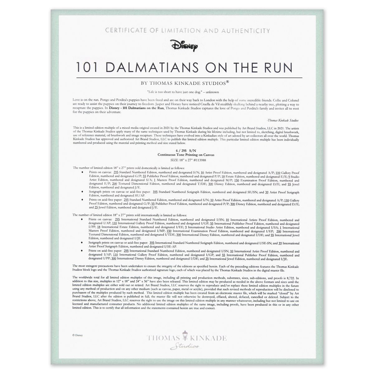 Thomas Kinkade- Hand Embellished Giclee on Canvas "101 Dalmatians on the Run"
