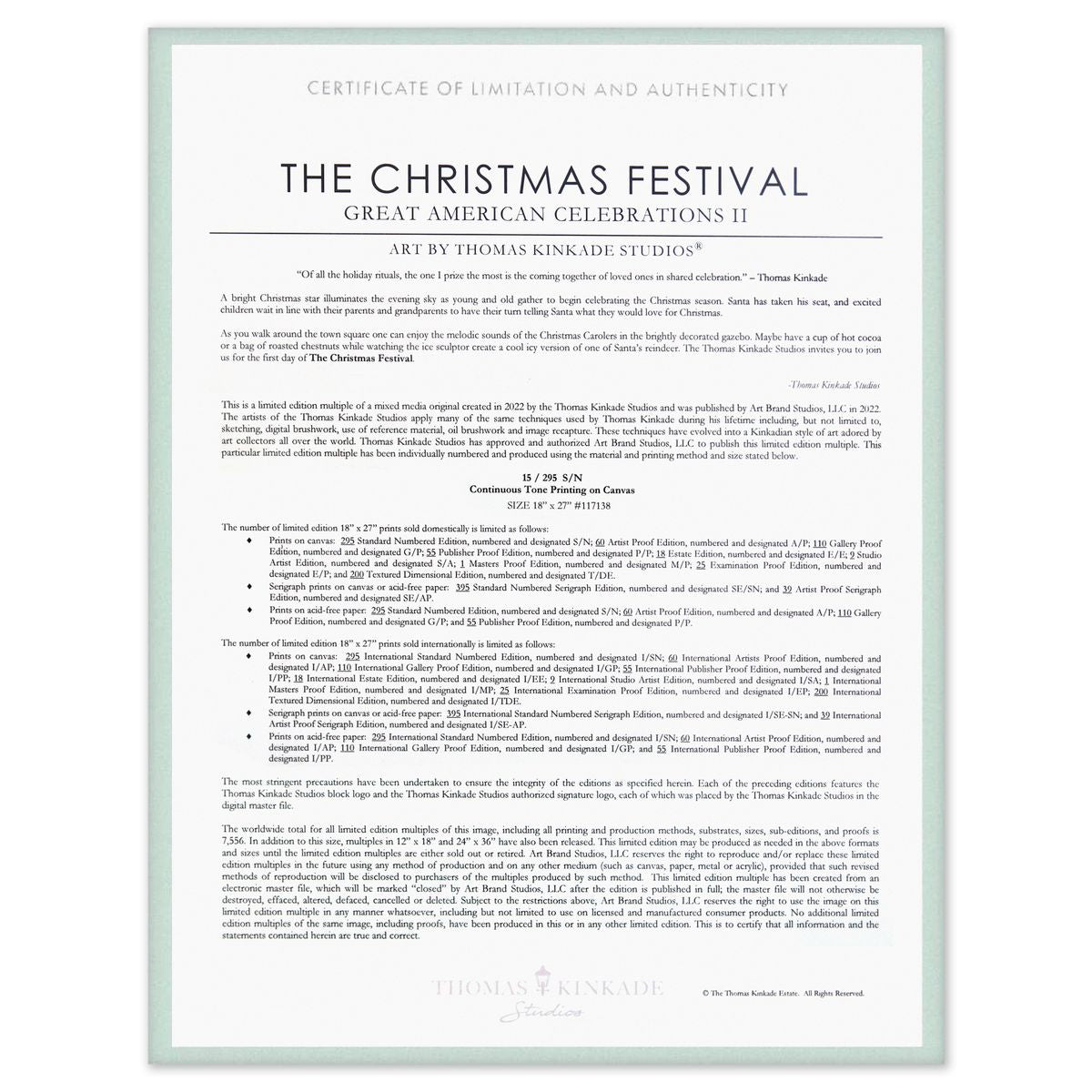 Thomas Kinkade- Hand Embellished Giclee on Canvas "The Christmas Festival"