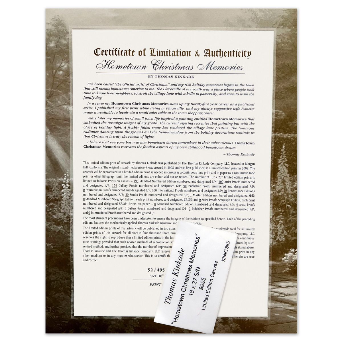 Thomas Kinkade- Hand Embellished Giclee on Canvas "Hometown Christmas Memories"
