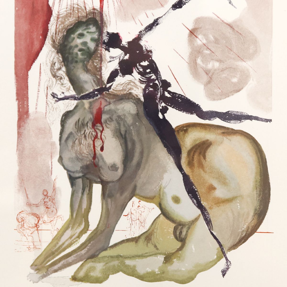Salvador Dali- Original Color Woodcut on B.F.K. Rives Paper "Inferno 12"